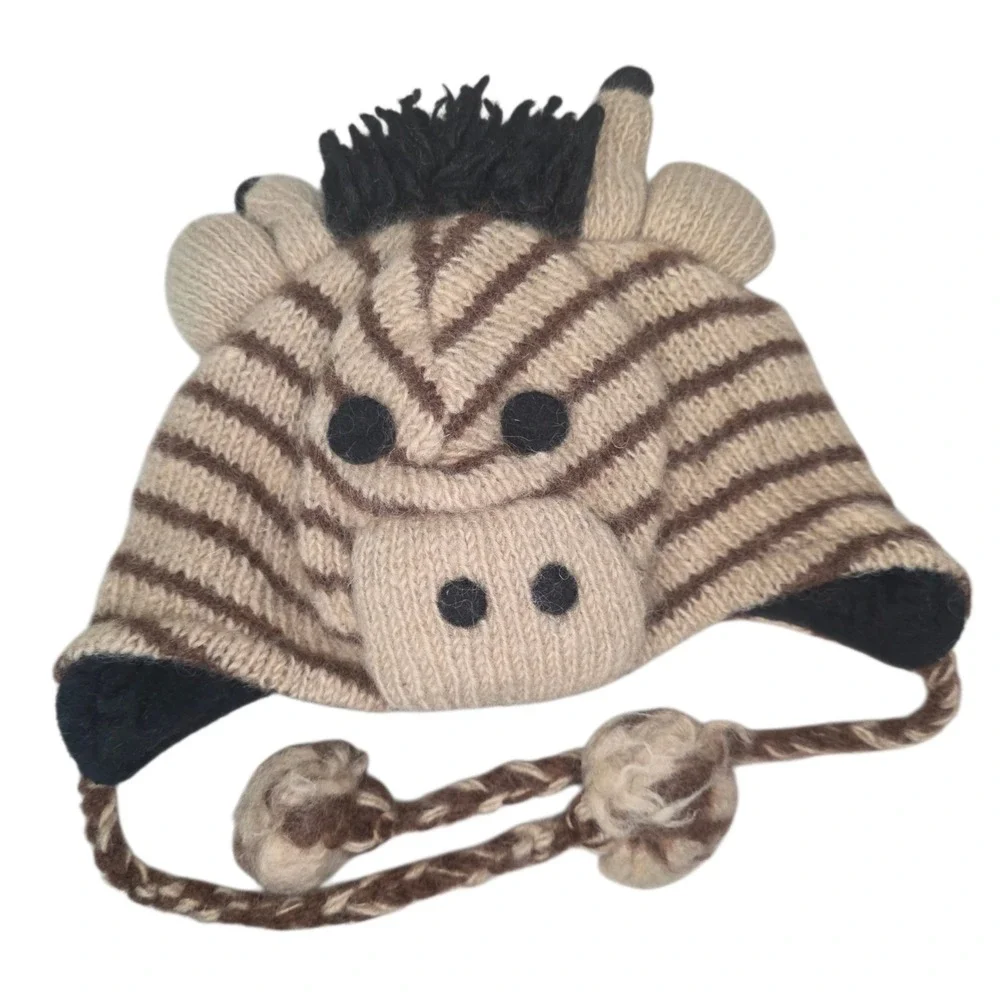 Kids 100% Wool Zebra Animal Beanie Hat Braided Chin Ties Pom Poms Brown